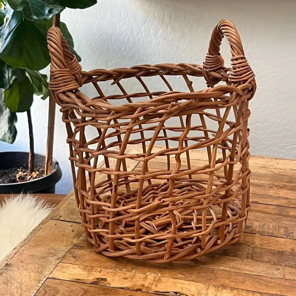 Natural Hand Woven Open Weave Basket with Side Handles Planter Cover Decor